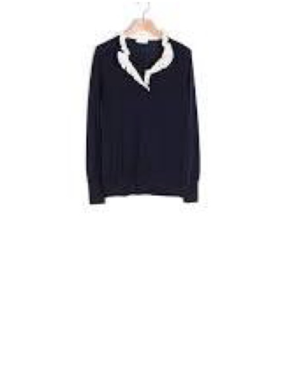 Sandro Navy V‑Neck Sweater with White Ruffle Trim